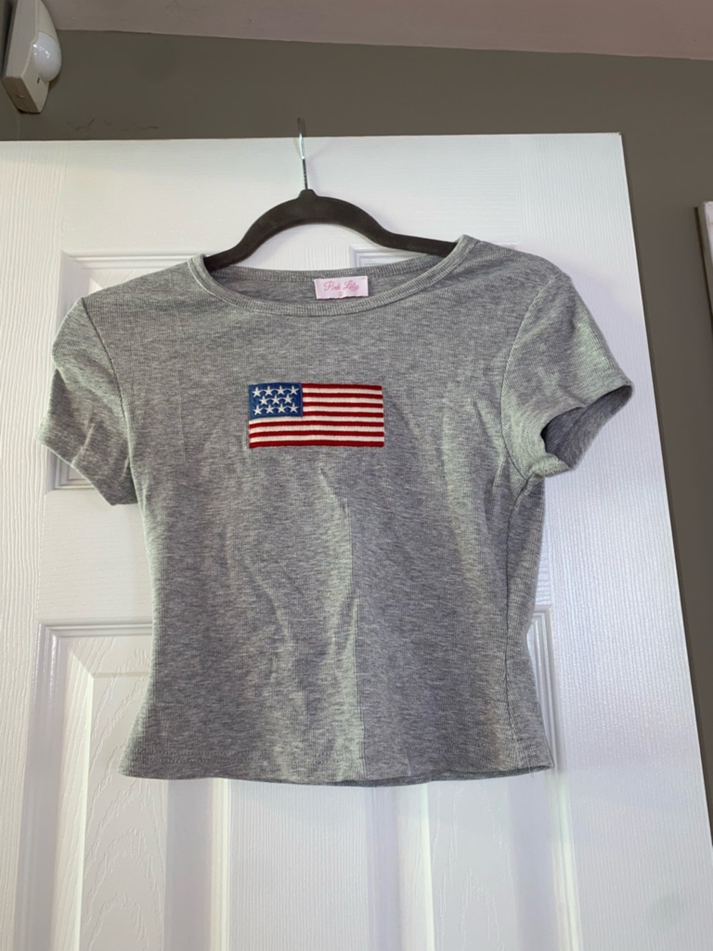 Pink Lily Gray Tee with Embroidered American Flag